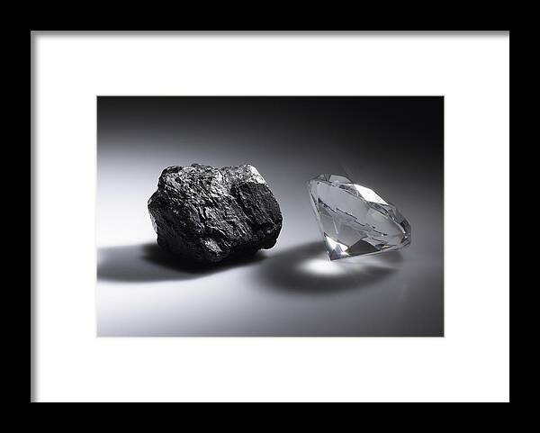 Shadow Framed Print featuring the photograph Diamond and piece of coal by Jeffrey Hamilton
