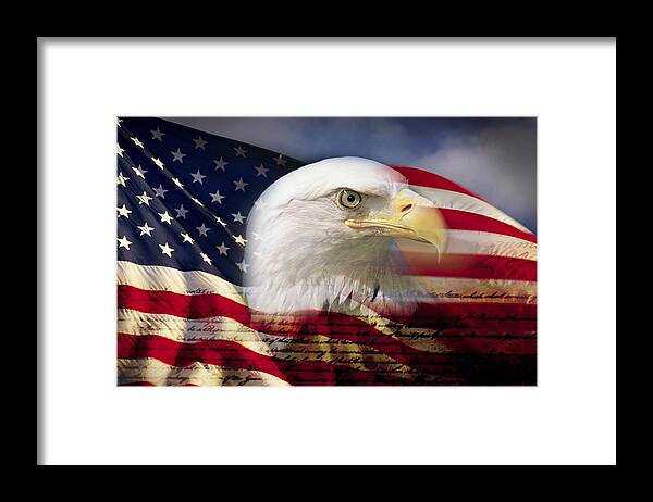 Social Issues Framed Print featuring the photograph Digital composite: American bald eagle and flag is underlaid with the handwriting of the US Constitution by VisionsofAmerica/Joe Sohm