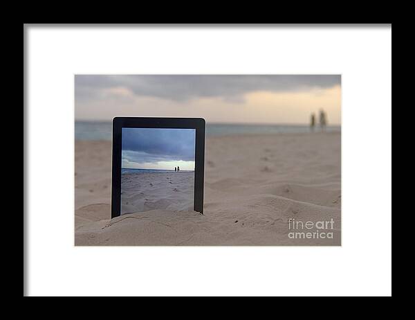 People Framed Print featuring the photograph Digital tablet in sand on beach by Sami Sarkis