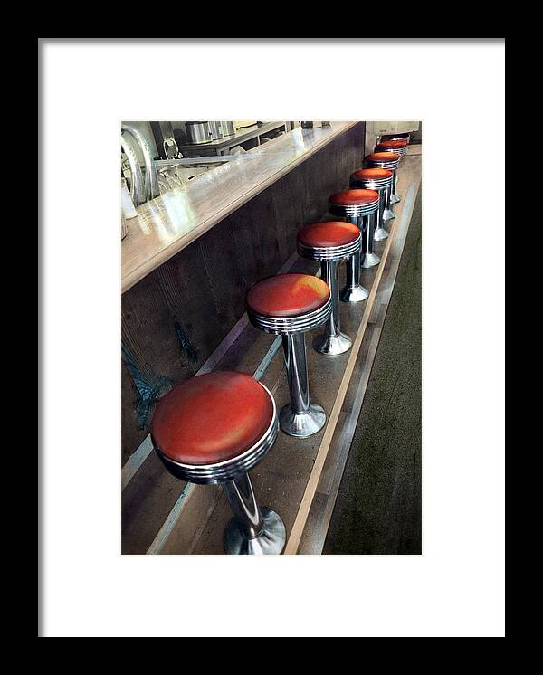 Diner Stools Framed Print featuring the photograph Diner Stools by Cindy McIntyre