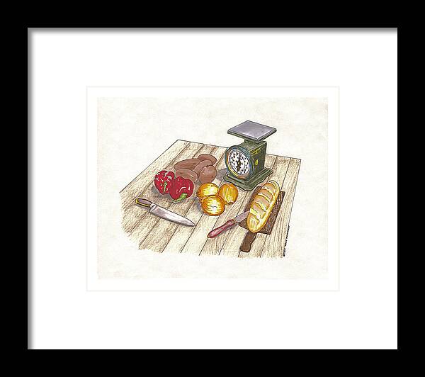 A Cook Book Illustration By Jack Pumphrey Of Vintage Kitchen Utensils And Food In A Watercolor By Jack Pumphrey Framed Print featuring the painting Weighing Dinner preparation Supper by Jack Pumphrey