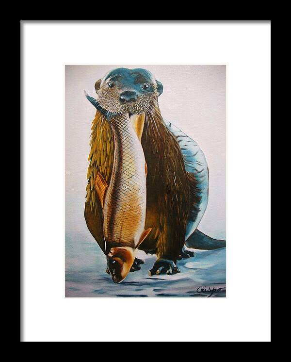 Otter Framed Print featuring the painting Dinner time by Jean Yves Crispo