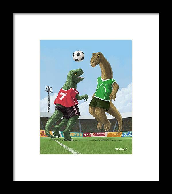 Dinosaur Framed Print featuring the painting Dinosaur Football Sport Game by Martin Davey