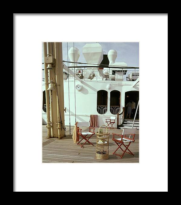 Interior Framed Print featuring the photograph Directors Chairs In Front Of The Ship The Queen by Tom Leonard