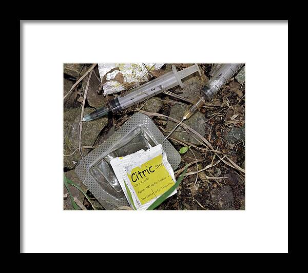 Heroin Framed Print featuring the photograph Discarded Heroin Users Paraphernalia by Robert Brook/science Photo Library