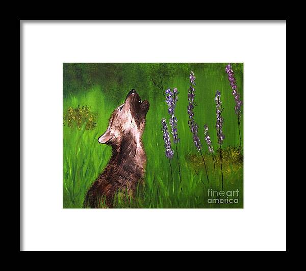 Wolf Pup Framed Print featuring the painting Discovering His Voice by Bev Conover