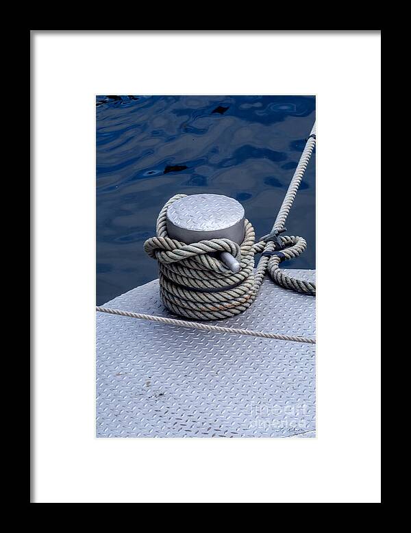 Iris Holzer Richardson Framed Print featuring the photograph Dock Bollard with Grey Boat Rope by Iris Richardson