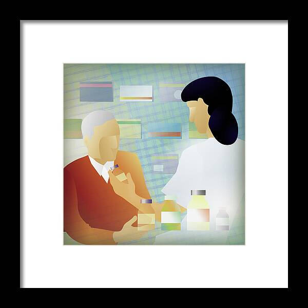 70-79 Years Framed Print featuring the photograph Doctor Prescribing Medicine For Elderly by Ikon Ikon Images