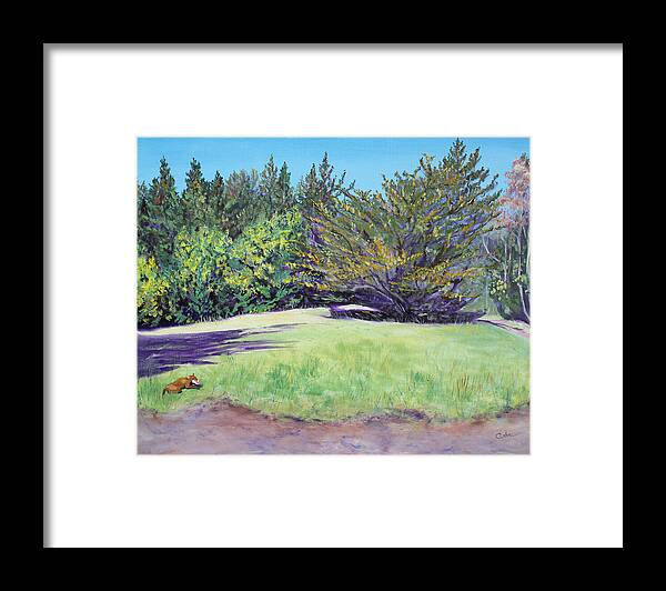 Landscape Painting Framed Print featuring the painting Dog with Bone in Spring Meadow by Asha Carolyn Young