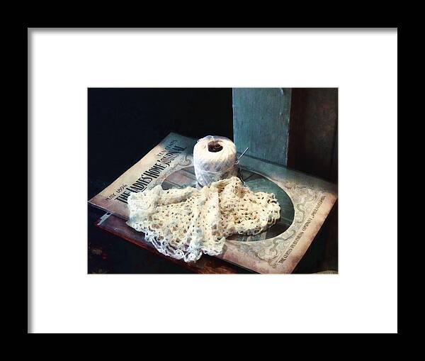 Doily Framed Print featuring the photograph Doily and Crochet Thread by Susan Savad