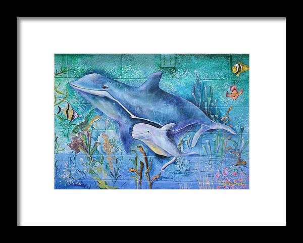 Under Water Framed Print featuring the painting Dolphins by Virginia Bond