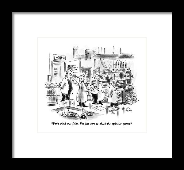 

 Man At Door Marked Genetic Research Says To Human-size Animals In Lab Coats. 
Animals Framed Print featuring the drawing Don't Mind by Lee Lorenz