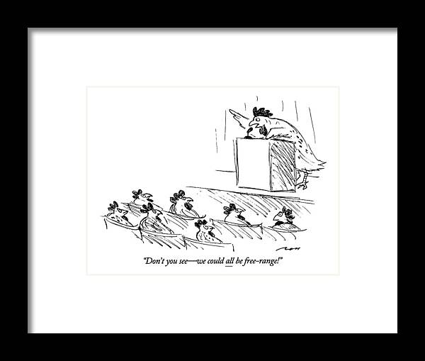 

 Chicken Speaking At Podium Framed Print featuring the drawing Don't You See - We Could All Be Free-range! by Al Ross