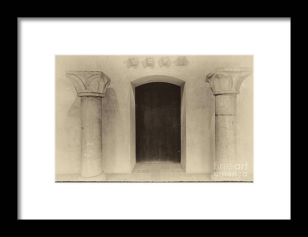 Church Framed Print featuring the digital art Door and Pillars B and W by Carol Ailles