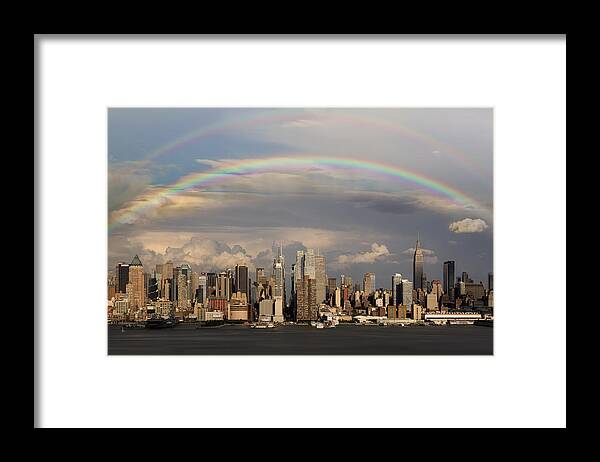 New York City Skyline Framed Print featuring the photograph Double Rainbow Over NYC by Susan Candelario