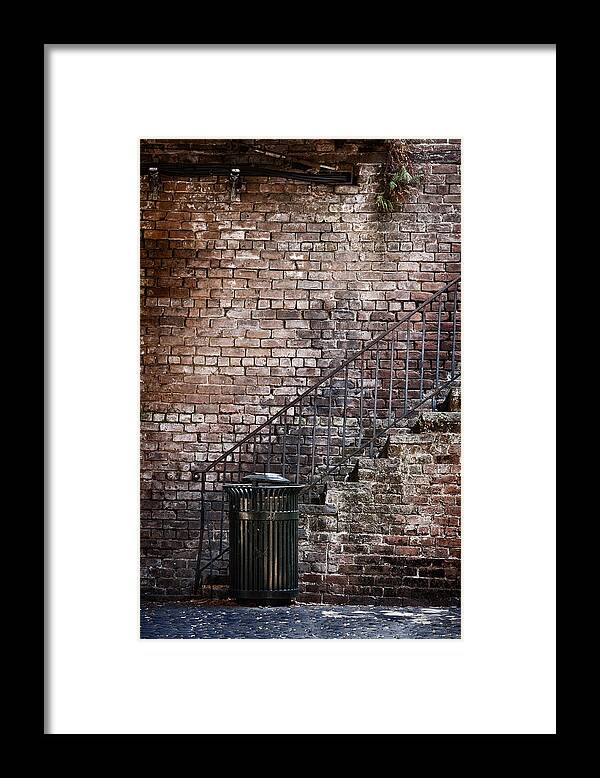 Brick; Wall; Stairs; Staircase; Railing; Iron; Wrought Iron; Detail; Side; Garbage; Can; Alley; Old; Dirty; Grunge; Ivy; Plants; Hanging; Metal; Aged; Urban Framed Print featuring the photograph Down in the Dumps by Margie Hurwich