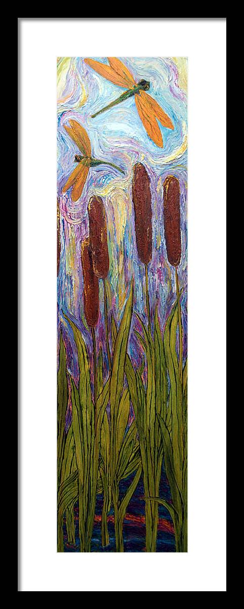 Bullrushes Framed Print featuring the painting Dragonflies and Bulrushes by Paris Wyatt Llanso