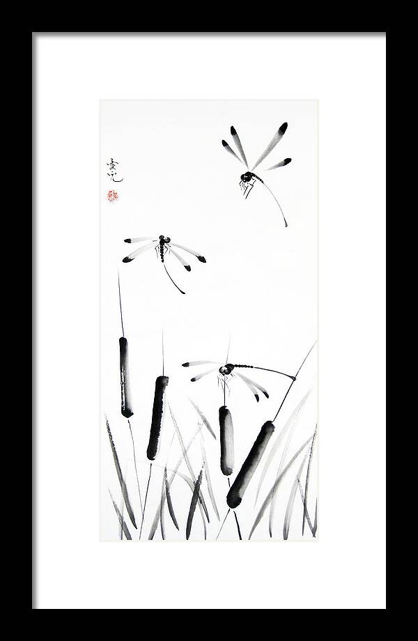 Dragonfly Framed Print featuring the painting Dragonfly Dance by Oiyee At Oystudio
