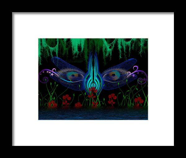 Green Framed Print featuring the digital art Dragonfly Eyes Series 6 Final by Teri Schuster