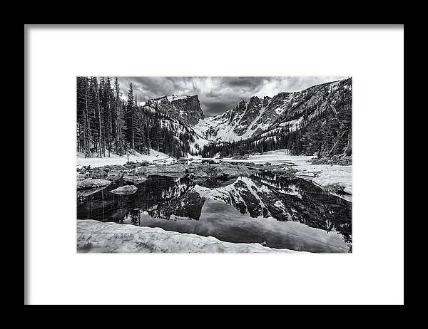 Rocky Mountain Framed Print featuring the photograph Dream Lake Morning Monochrome by Darren White