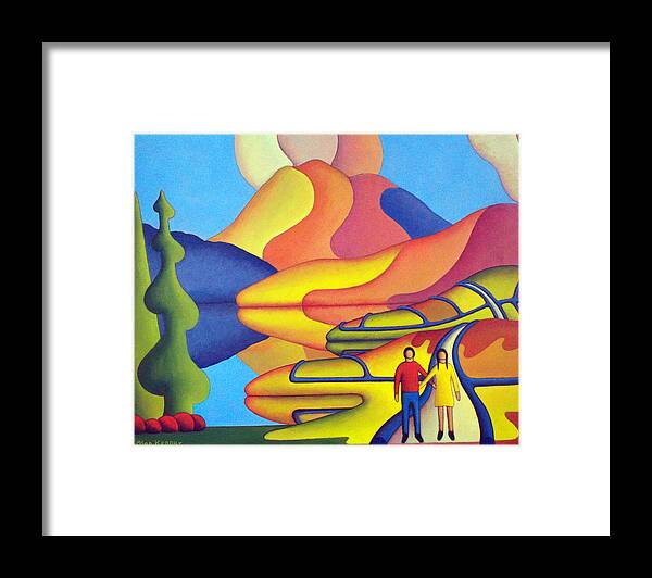 Lovers Framed Print featuring the painting Dreamscape with lovers by lake by Alan Kenny