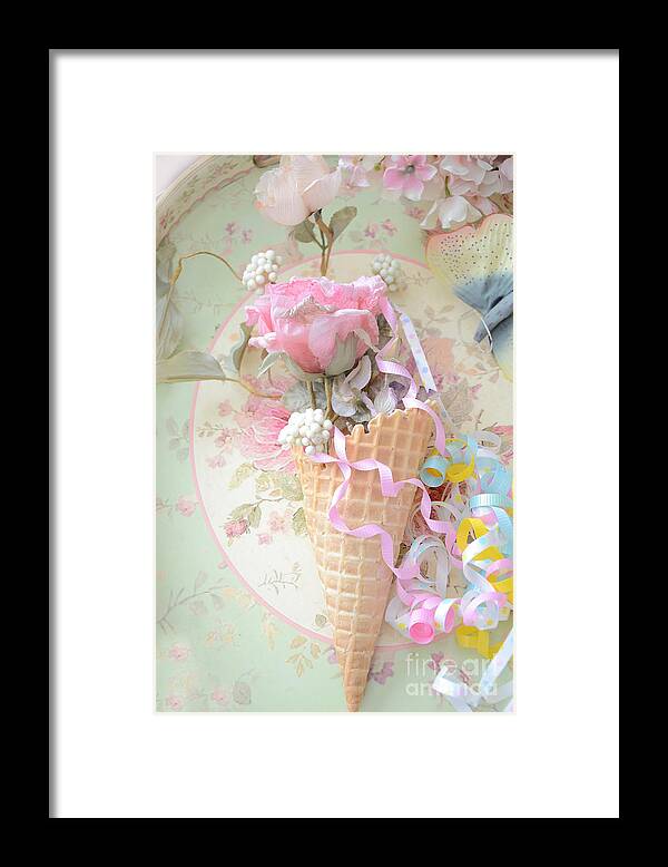 Dreamy Food Photography Framed Print featuring the photograph Dreamy Shabby Chic Romantic Floral Art Waffle Cone Roses Party Ribbon - Waffle Cone Floral Decor by Kathy Fornal