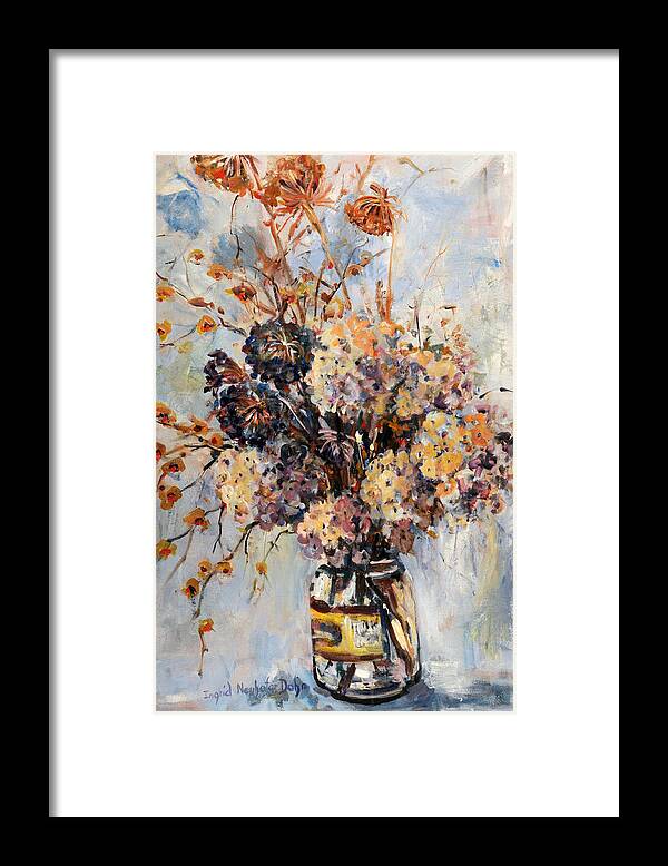 Dried Flowers Framed Print featuring the painting Dried Flowers in a Pickle Jar by Ingrid Dohm