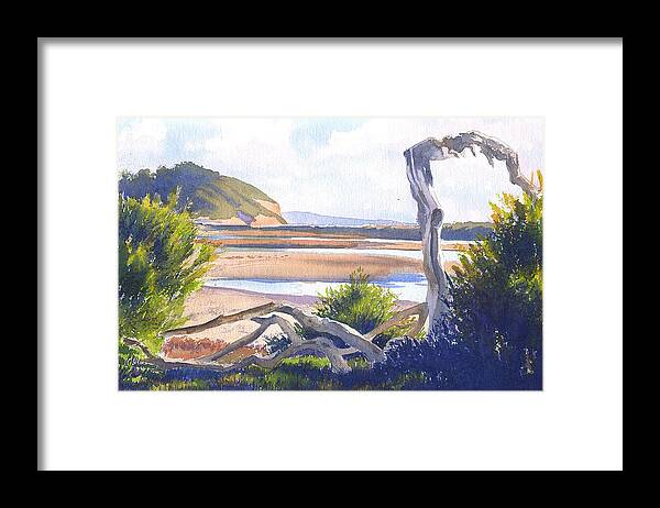 Driftwood Framed Print featuring the painting Driftwood at Torrey Pines by Mary Helmreich