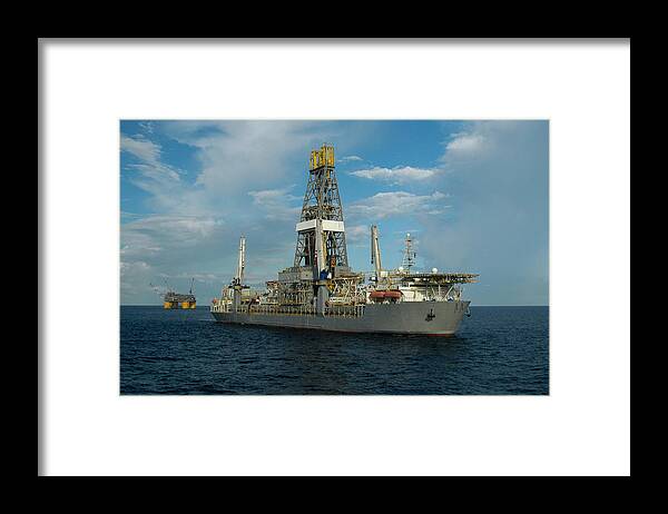 Oil Rig Framed Print featuring the photograph Drill ship and platform by Bradford Martin