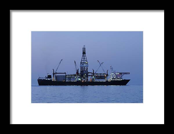 Oil Rig Framed Print featuring the photograph Drill ship before dawn by Bradford Martin