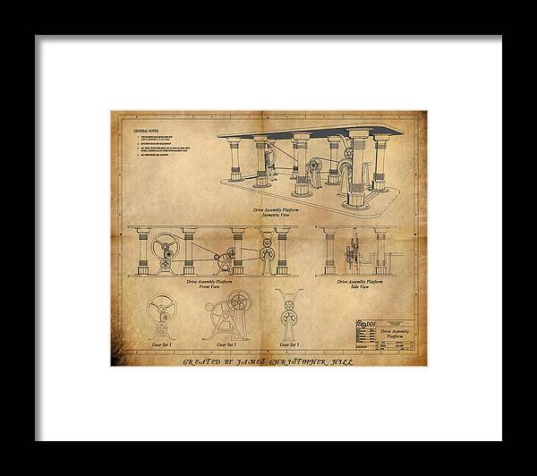Steampunk; Gears; Housing; Cogs; Machinery; Lathe; Columns; Brass; Copper; Gold; Ratio; Rotation; Elegant; Forge; Industry; Copyright 2010 - James Christopher Hill Framed Print featuring the painting Drive Assembly Platform by James Hill