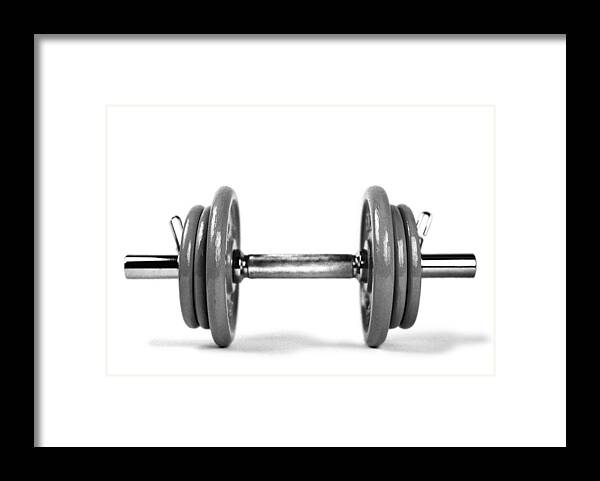 White Background Framed Print featuring the photograph Dumbbell and weights, b&w. by Michele Constantini