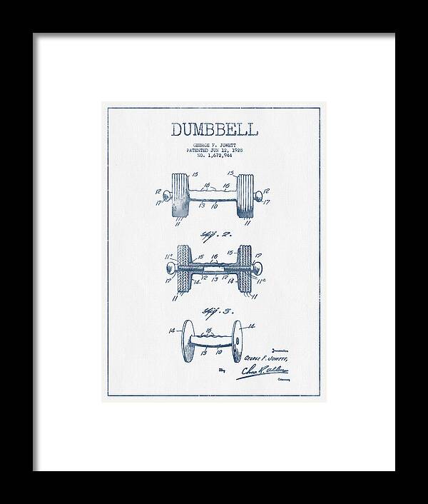Dumbbell Framed Print featuring the digital art Dumbbell Patent Drawing from 1927 - Blue Ink by Aged Pixel