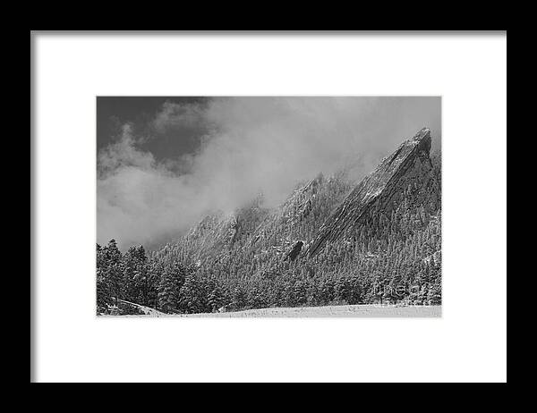 Flatirons Framed Print featuring the photograph Dusted Flatirons Low Clouds Boulder Colorado BW by James BO Insogna