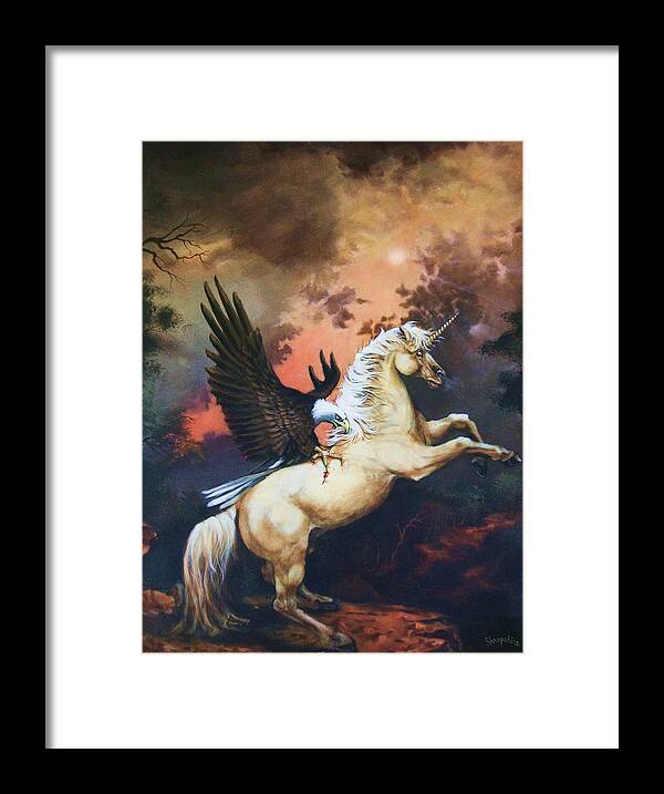 Eagle Framed Print featuring the painting Eagle and the Unicorn by Tom Shropshire