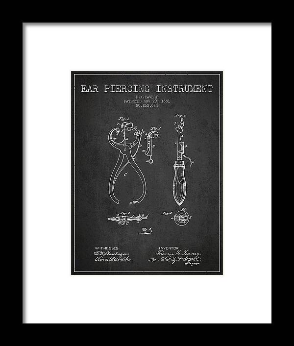 Ear Piercer Framed Print featuring the digital art Ear Piercing Instrument Patent From 1881 - Charcoal by Aged Pixel