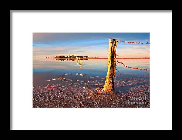 Early Morning Salt Pan Pink Lake Meningie South Australia Australian Landscape Landscapes Still Water Calm Shallow Reflections Rusty Barb Wire Fence Post Framed Print featuring the photograph Early Morning Salt Pan by Bill Robinson