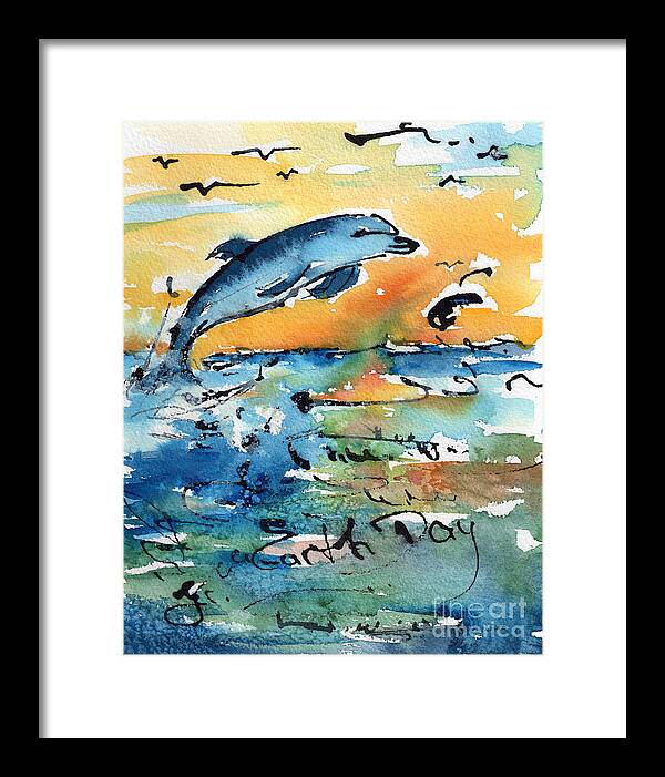 Dolphins Framed Print featuring the painting Earth Day Dolphin Watercolor by Ginette by Ginette Callaway
