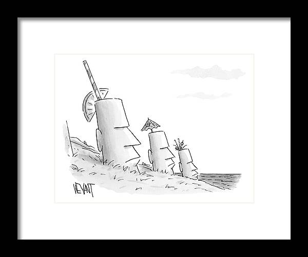Captionless Framed Print featuring the drawing Easter Island Statues Have Straws And Umbrellas by Christopher Weyant