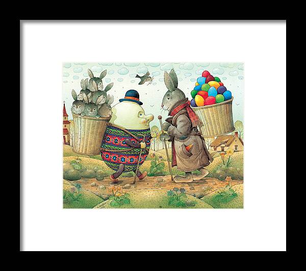 Easter Eggs Rabbit Spring Green Landscape Framed Print featuring the painting Eastereggs 03 by Kestutis Kasparavicius