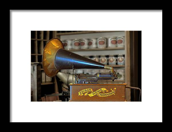 Antique Framed Print featuring the photograph Edison Home Phonograph with Morning Glory Horn by Alexandra Till