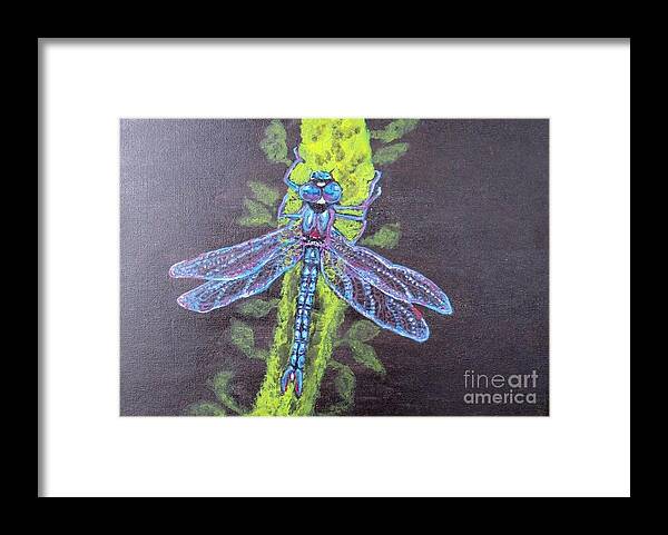 Nature Scene Blue Dragonfly Chartreuse Bamboo Tree Limb Black Background  Framed Print featuring the painting Electrified Blue Dragonfly by Kimberlee Baxter
