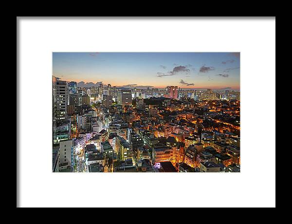 Residential District Framed Print featuring the photograph Elevated View Of Gangnam Illuminated At by Allan Baxter