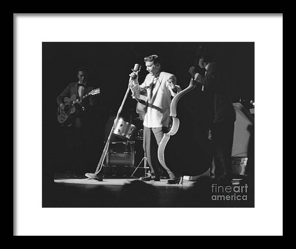 Elvis Presley Framed Print featuring the photograph Elvis Presley with Scotty Moore and Bill Black 1956 by The Harrington Collection