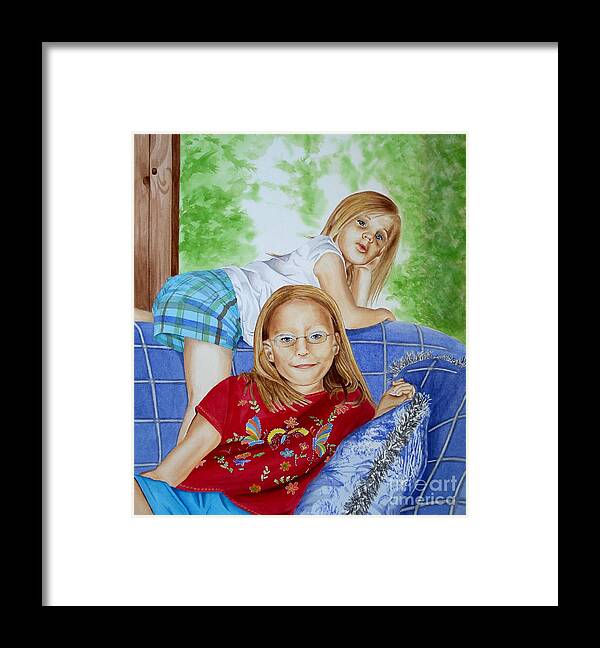 Watercolor Framed Print featuring the painting Emi and MacKenzie by Debbie Hart