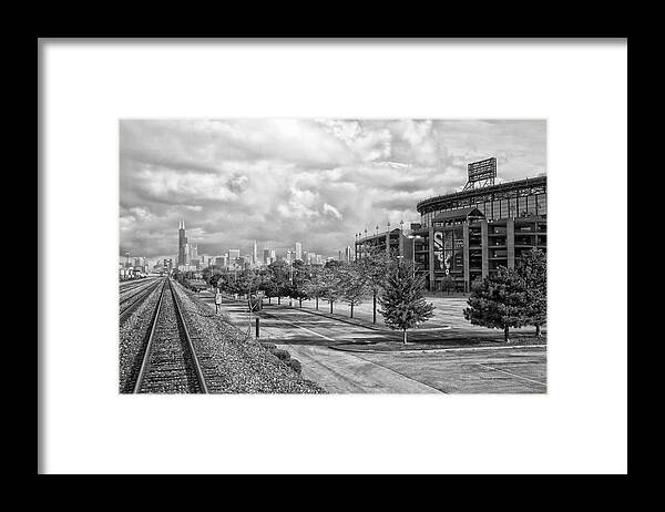 Metra Framed Print featuring the photograph Engineers View Chicago White Sox US Cellular Field BW by Thomas Woolworth