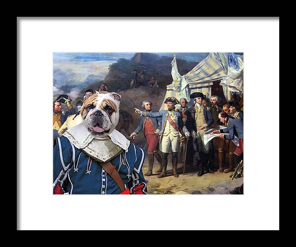 English Bulldog Framed Print featuring the painting English Bulldog Art Canvas Print - The battle Plan by Sandra Sij