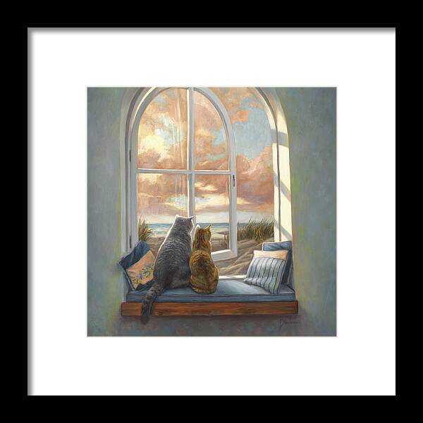 Cat Framed Print featuring the painting Enjoying The View by Lucie Bilodeau