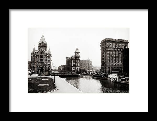 Erie Canal Framed Print featuring the photograph Erie Canal on Salina Street in Syracuse New York - circa 1904 by Mountain Dreams