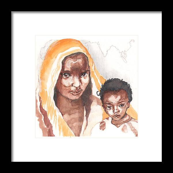 Mother And Child Framed Print featuring the painting Ethiopean mother and child by Nancy Watson